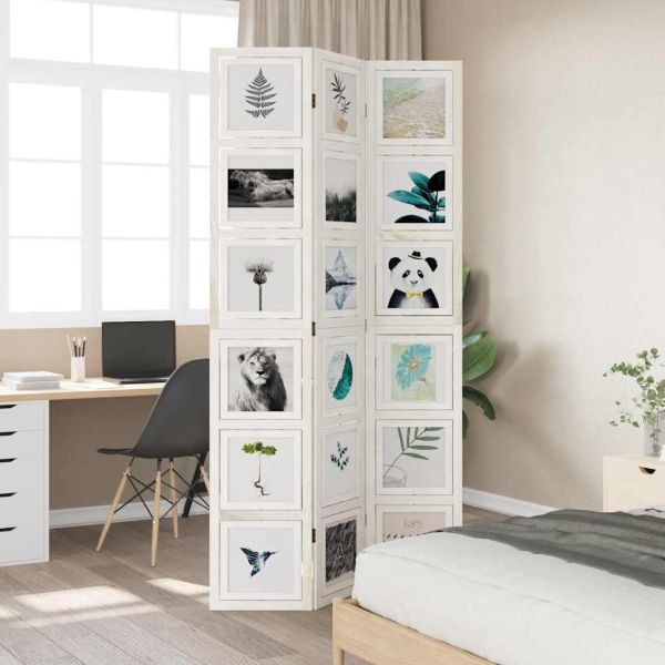 Разделител за стая, 3 панела, бял, дърво пауловния масив