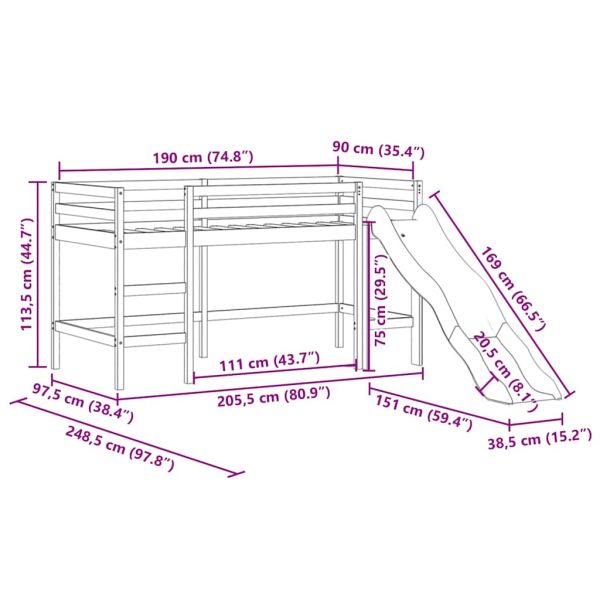 Детско високо легло с пързалка, черно, 90x190 см, бор масив