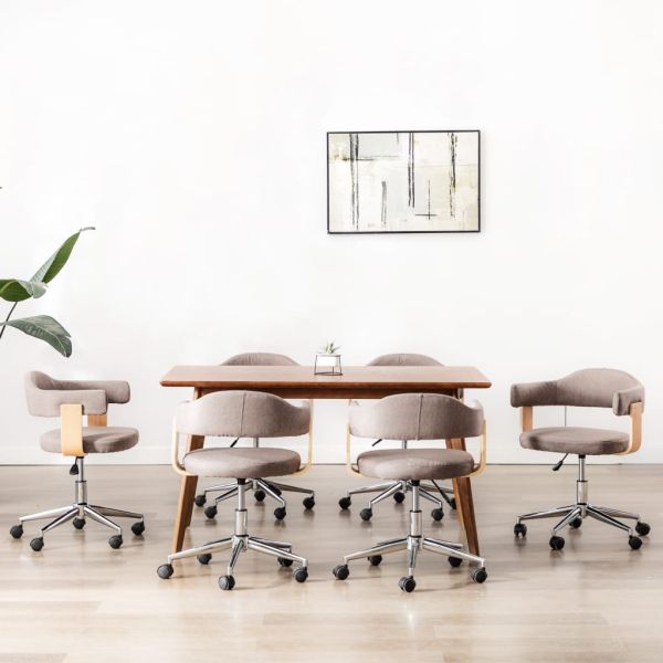 Въртящи трапезни столове, 6 бр, таупе, извито дърво и текстил