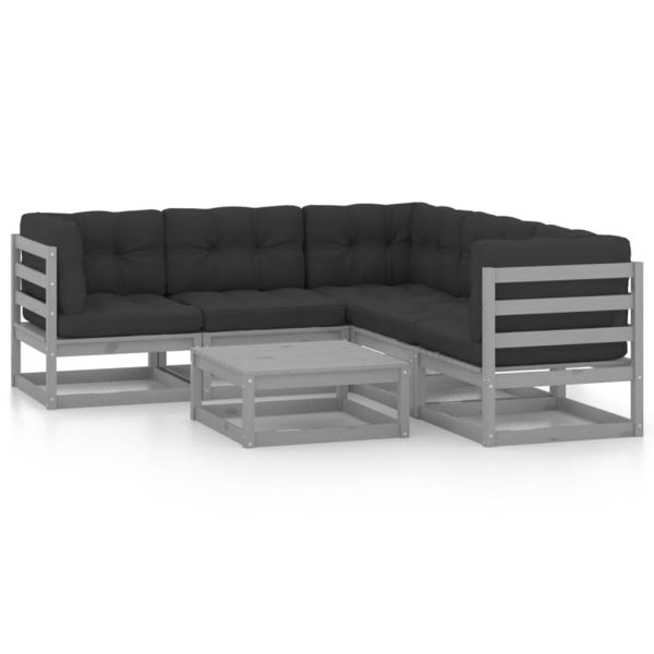 Градински лаундж комплект, 6 части, с възглавници, масив бор