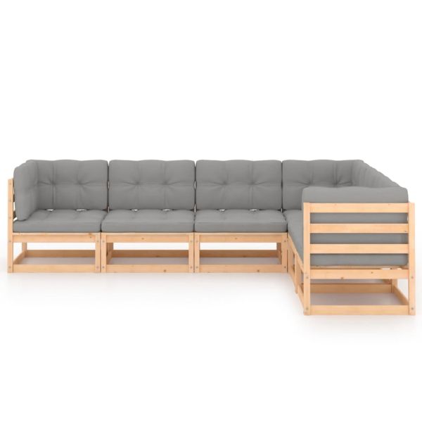 Градински лаундж комплект, 6 части, с възглавници, масив бор