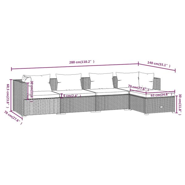 Градински лаундж комплект с възглавници 5 части черен полиратан