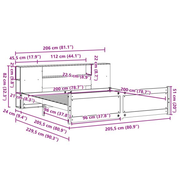 Легло с етажерка за книги, без матрак, 200x200 см, бор масив