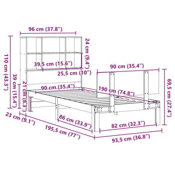 Легло с рафтове за книги, без матрак, 90x190 см, бор масив