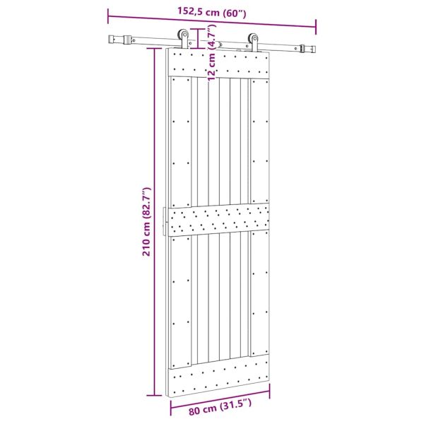 Плъзгаща врата с монтажни части, 80x210 см, борово дърво масив
