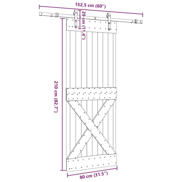 Плъзгаща врата с монтажни части, 80x210 см, борово дърво масив