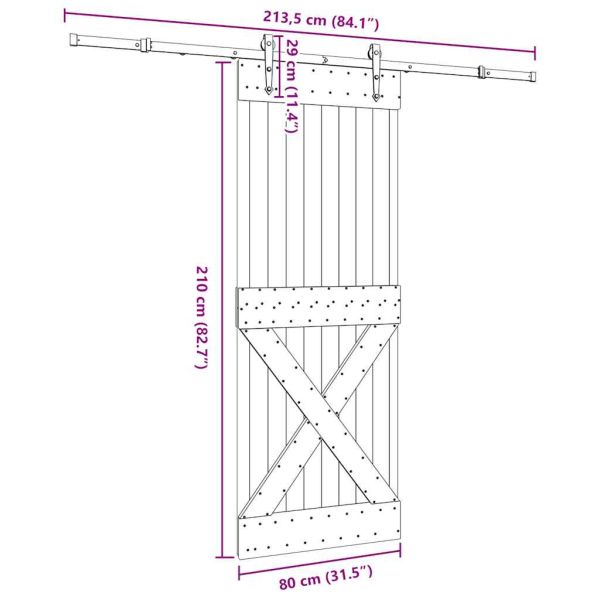 Плъзгаща врата с монтажни части, 80x210 см, борово дърво масив