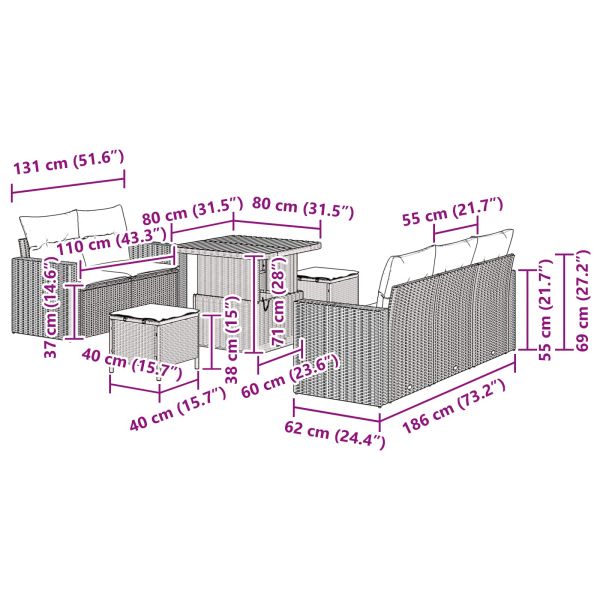 Градински Софа Комплект с възглавница 8 pcs Черно полиратан