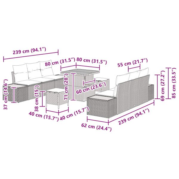 Градински Софа Комплект с възглавница 9 pcs Черно Полиратан