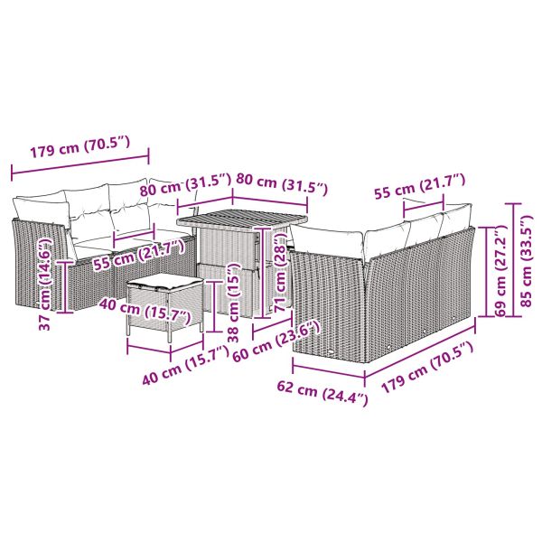 Градински Софа Комплект с възглавница 9 pcs Черно полиратан