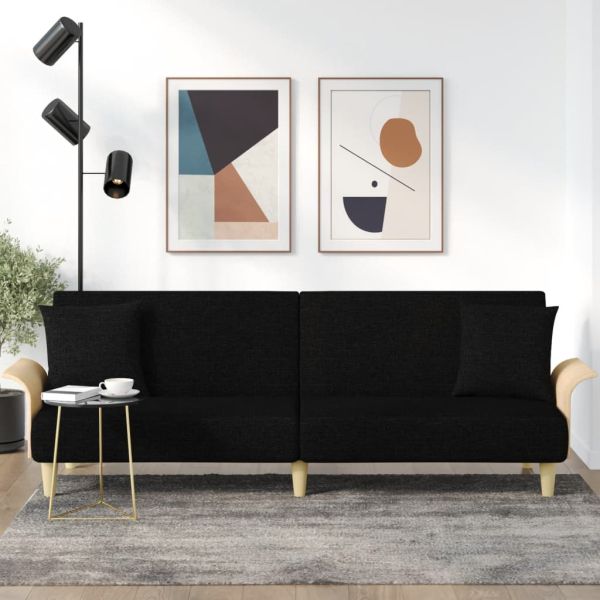 Разтегателен диван с подлакътници, черен, плат