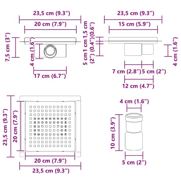 2 в 1 дренаж за душ Сребрист 20 x 20 cm Неръждаема стомана 304