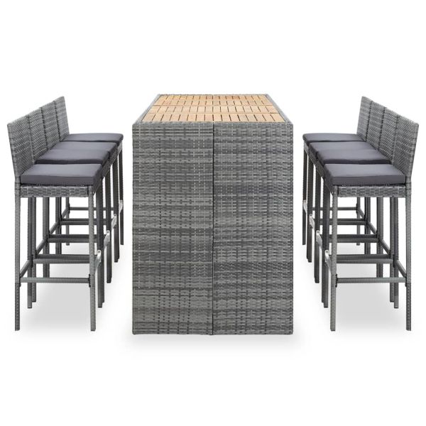 Градински бар комплект, 9 части, полиратан и акация, сив