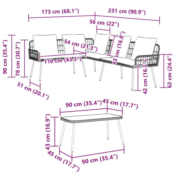 Градински Софа Комплект с възглавница 2 pcs Черно полиратан