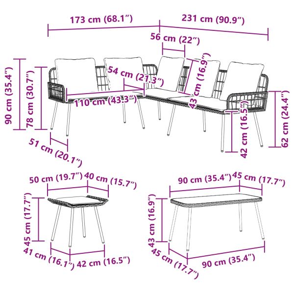 Градински Софа Комплект с възглавница 4 pcs Естествен полиратан