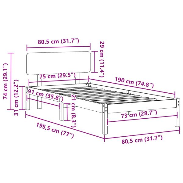 Рамка за легло с таблото Бяло 75 x 190 cm Солидно борово дърво