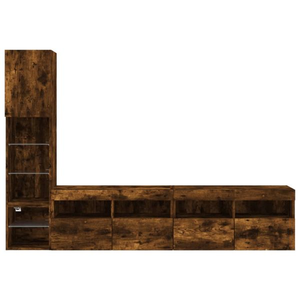 ТВ стенни модули с LED, 4 части, опушен дъб, инженерно дърво