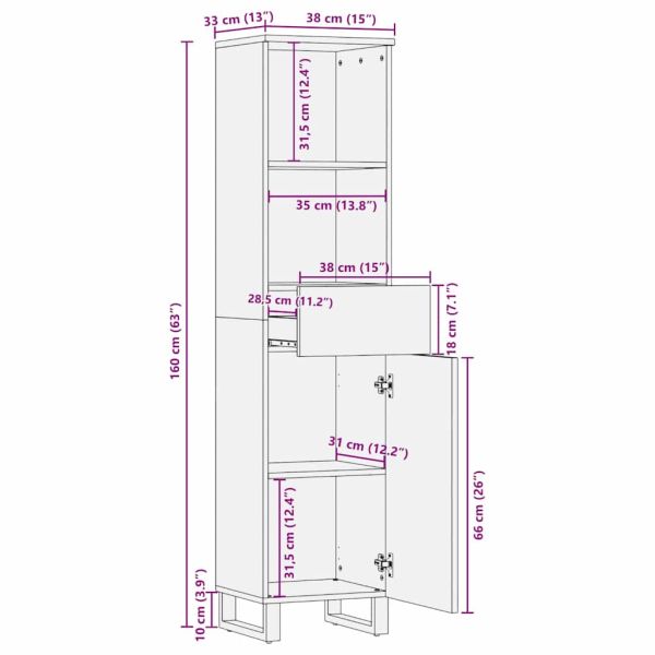 Шкаф за баня Кафяво 38 x 33 x 160 см Солидно мангово дърво