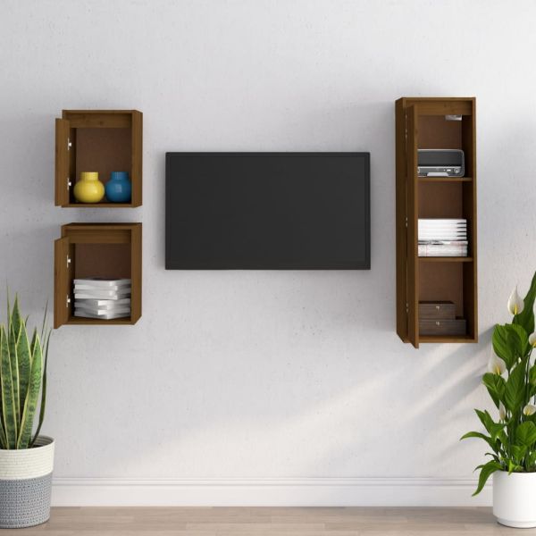 ТВ шкафове, 3 бр, меденокафяви, бор масив