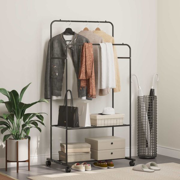 Държач за дрехи с рафт с колело със съхранение Черно