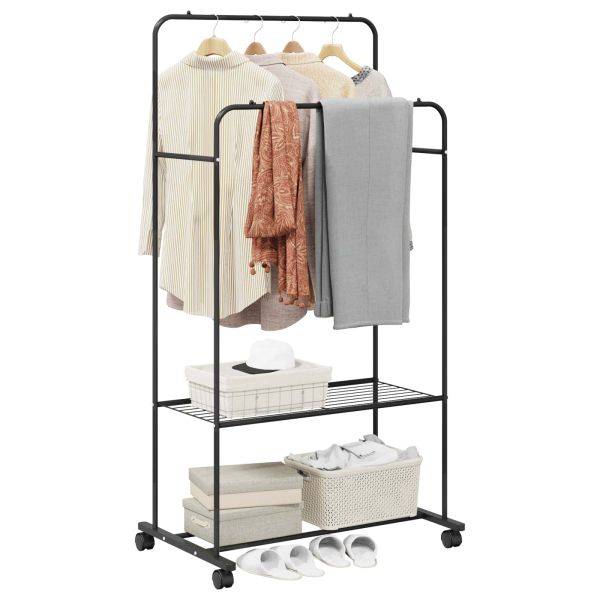 Държач за дрехи с рафт с колело със съхранение Черно