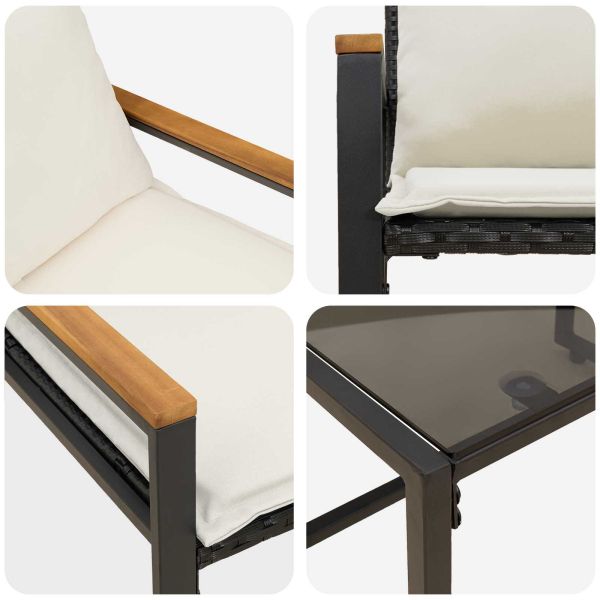 Комплекти мебели с възглавница 3 pcs Черно и кремаво бяло Ратан