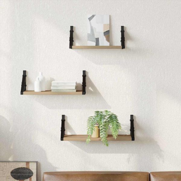 Стенен рафт Монтиране на стена със съхранение 3 pcs Димящ дъб