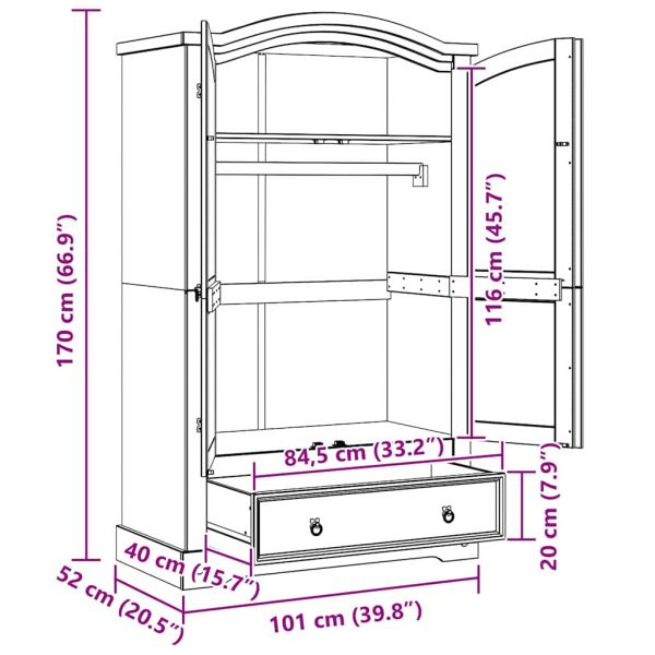 Гардероб с чекмедже Бяло 101 x 52 x 170 см Солидно борово дърво