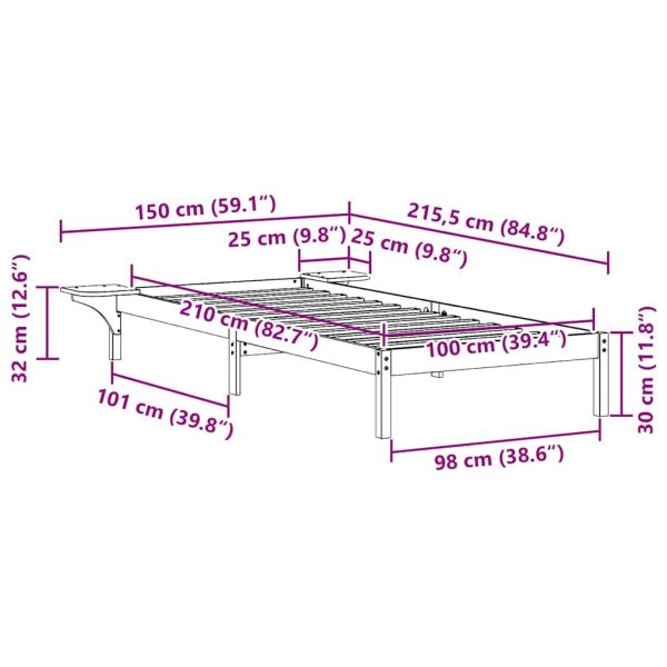 Легло с нощни шкафчета Бяло 100 x 210 cm Солидно борово дърво