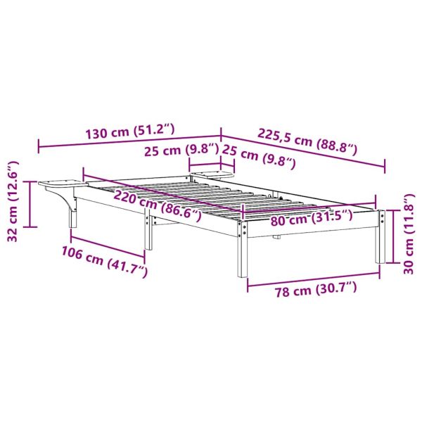 Легло с нощни шкафчета Бяло 80 x 220 cm Солидно борово дърво