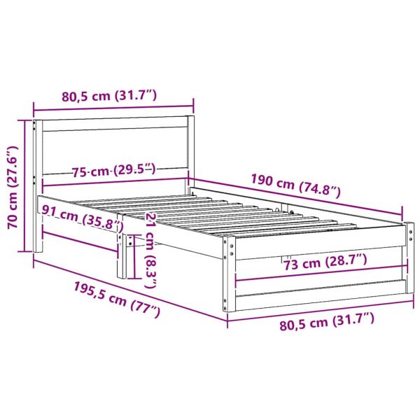 Рамка за легло с таблото Бяло 75 x 190 cm Солидно борово дърво