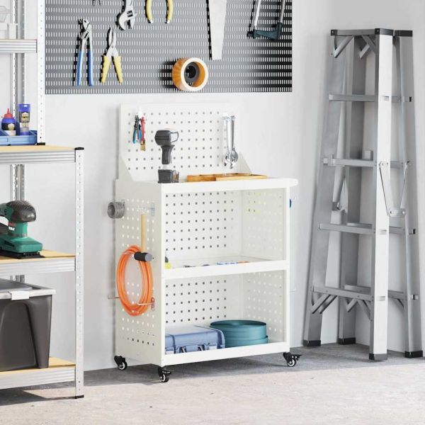Карача за инструменти с рафт с колело Бяло 65 x 35 x 111 см