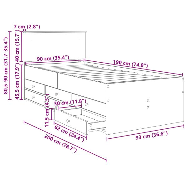 Легло-диван с чекмедже Сив Сономски дъб и черно 90 x 190 cm