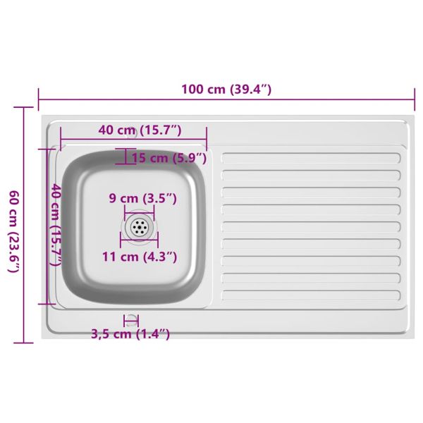 Кухненска мивка с отцедник, сребриста, 1000x600x155 мм, инокс