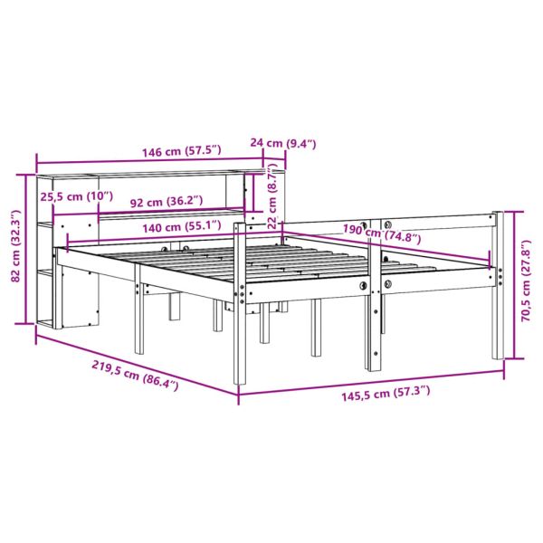 Легло с етажерка за книги, без матрак, 140x190 см, бор масив