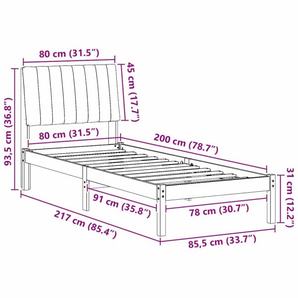 Рамка за легло с таблото Бяло 80 x 200 cm Солидно борово дърво