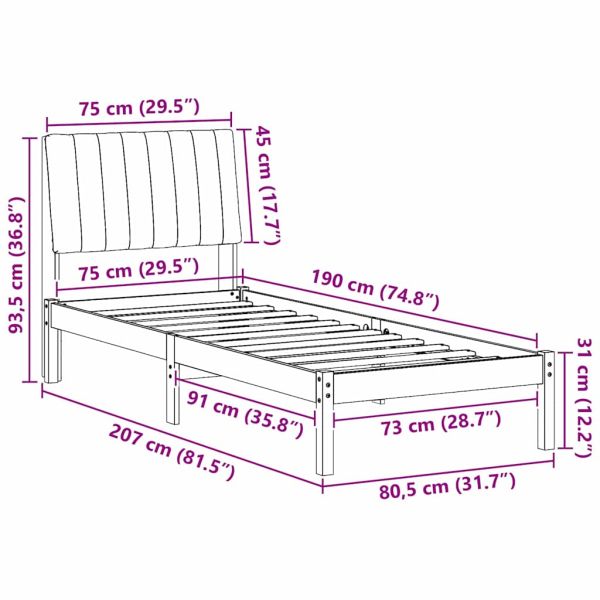 Рамка за легло с таблото Бяло 75 x 190 cm Солидно борово дърво