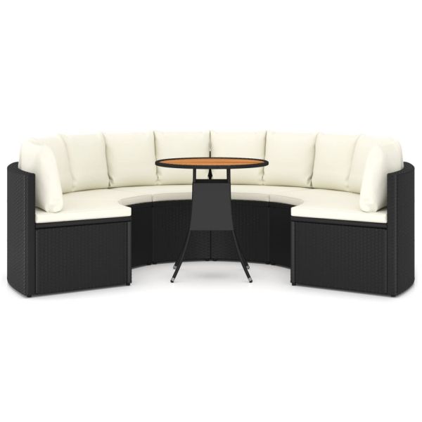 Градински комплект с възглавници, 7 части, черен полиратан