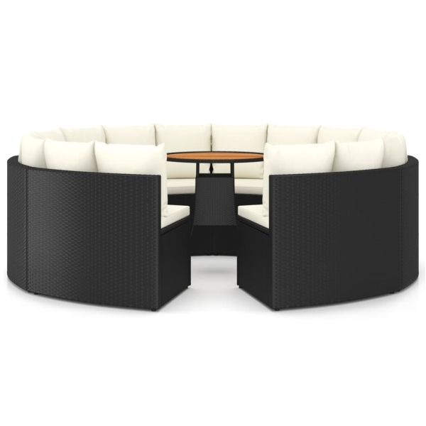 Градински комплект с възглавници, 9 части, черен полиратан