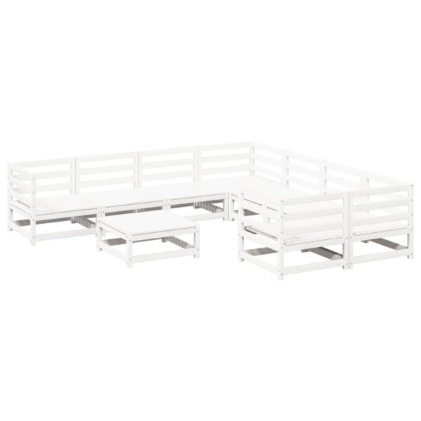 Градински комплект диван от 9 части, бял, масивно дърво бор