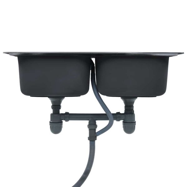 Кухненска мивка двойно корито цедка и сифон неръждаема стомана