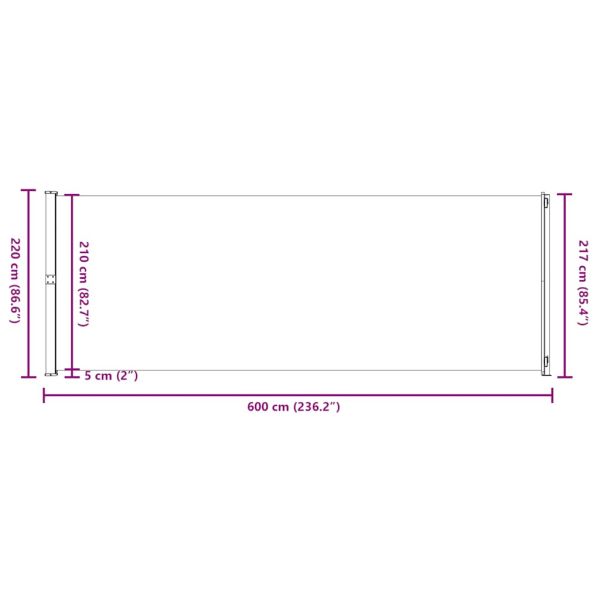 Прибираща се дворна странична тента, 220x600 см, сива