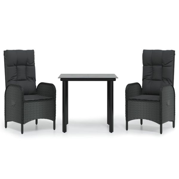 Градински комплект от 3 части с възглавници черни полиратан