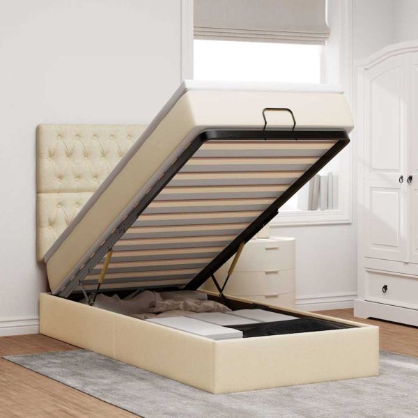 Османска легло с матрак и LED, кремаво, 100x200 см, плат