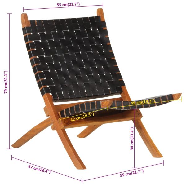 Сгъваем релаксиращ стол, черен, естествена кожа