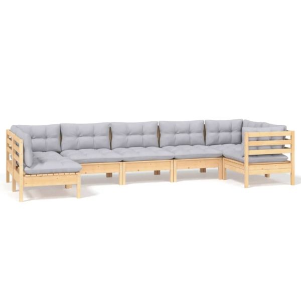 Градински лаундж комплект със сиви възглавници, 7 части, бор