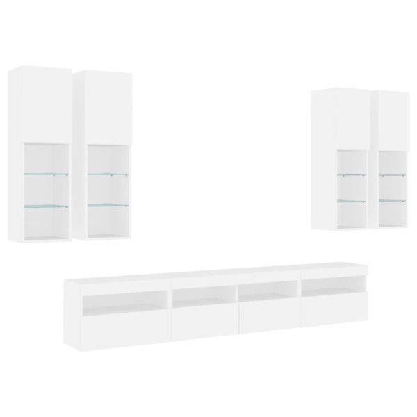 Комплект ТВ стенни шкафове, 7 части, с LED светлини, бели