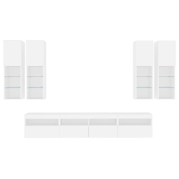 Комплект ТВ стенни шкафове, 7 части, с LED светлини, бели