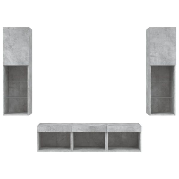 ТВ стенни модули с LED, 5 части, бетонно сиви, инженерно дърво