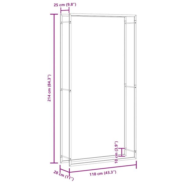 Стойка за дърва за огрев, черен мат, 110x28x214 см, стомана